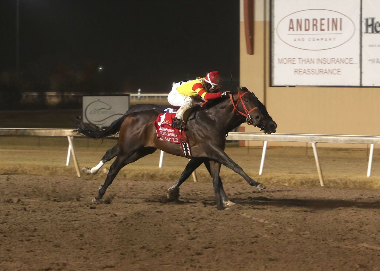Coal Battle winning the Remington Springboard Mile at Remington Park (Photo by Dustin Orona Photography/Remington Park)