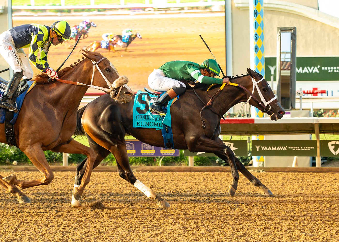 Eunomia held off Om N Joy in the Clement L. Hirsch (G1) at Del Mar