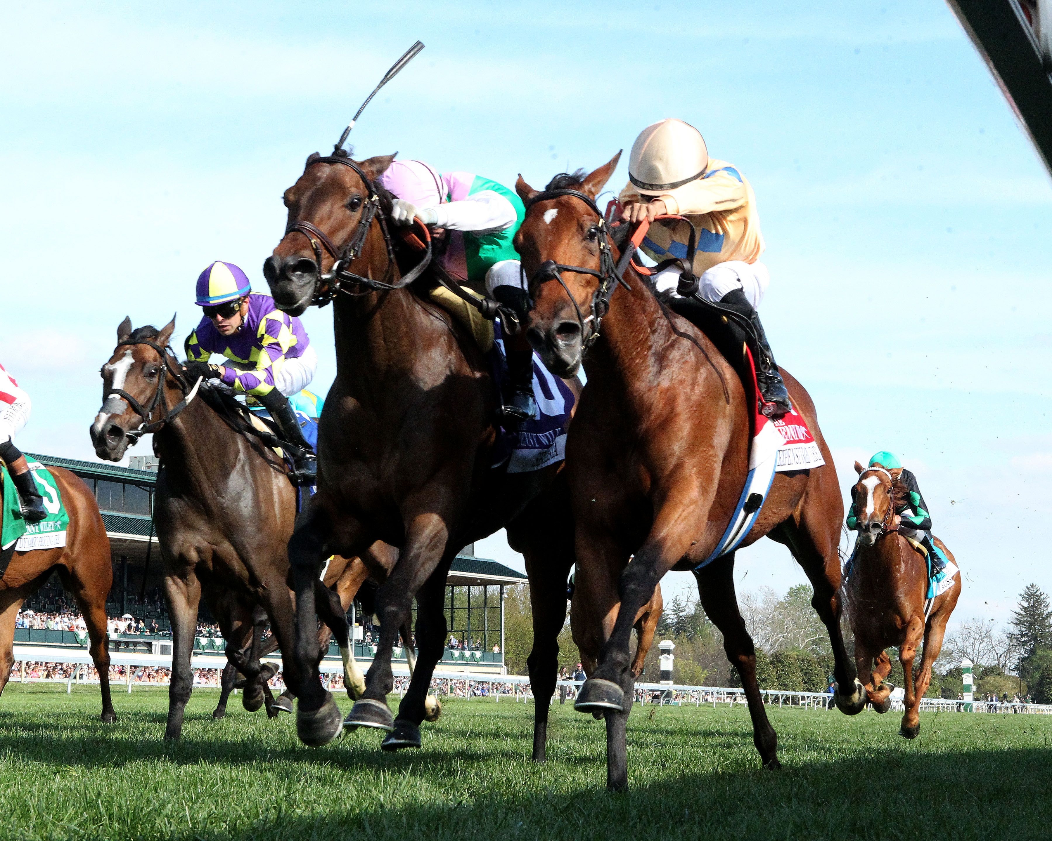 Segesta (left) and Expensive Queen dueled to the wire in the Jenny Wiley (G1)