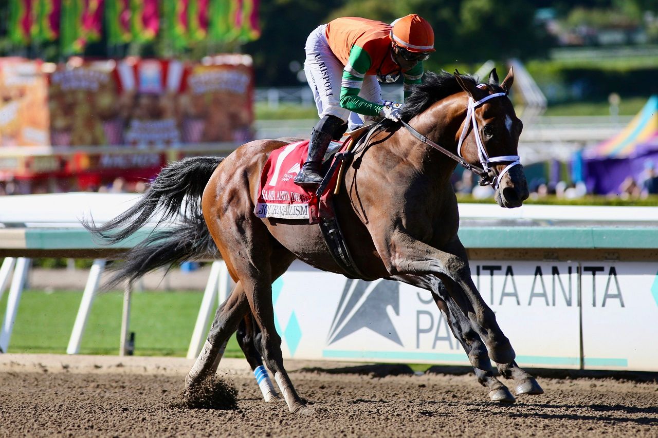 Journalism winning the 2025 Santa Anita Derby (G1) at Santa Anita