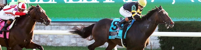 Rhetorical jumps up in Coolmore Turf Mile; First Lady is Simply in Front 