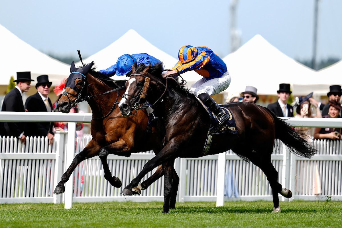 Scandinavia (orange and blue silks) defeats Trawlerman in the Gold Cup (G1) on Day 3 of Royal Ascot