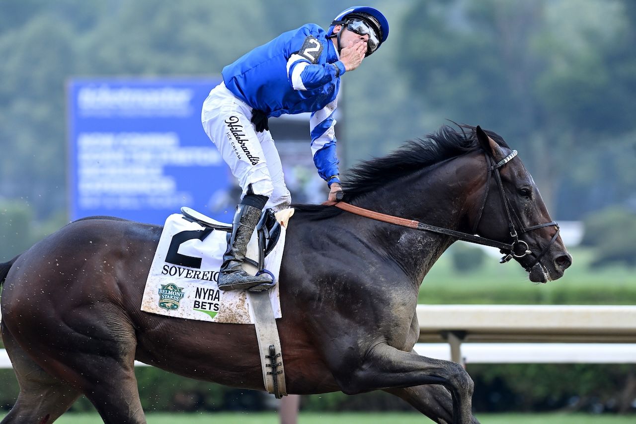 Sovereignty wins the 2025 Belmont Stakes at Saratoga.