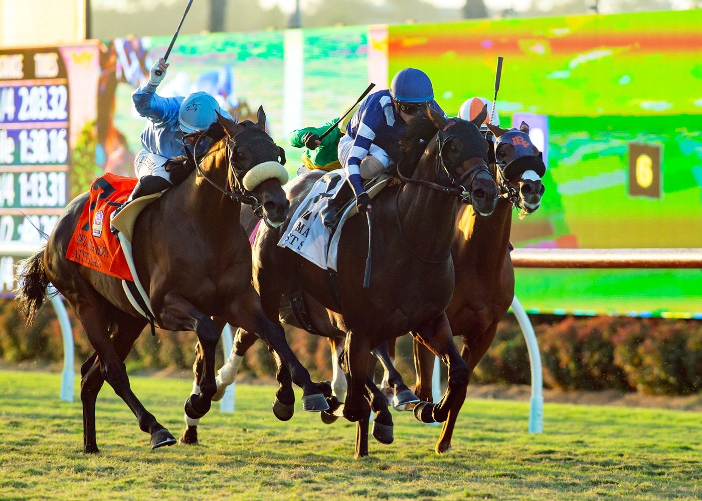 Test Score edges Atitlan (left) in the Del Mar H. (G2), with four-time champion Gold Phoenix fourth (right)