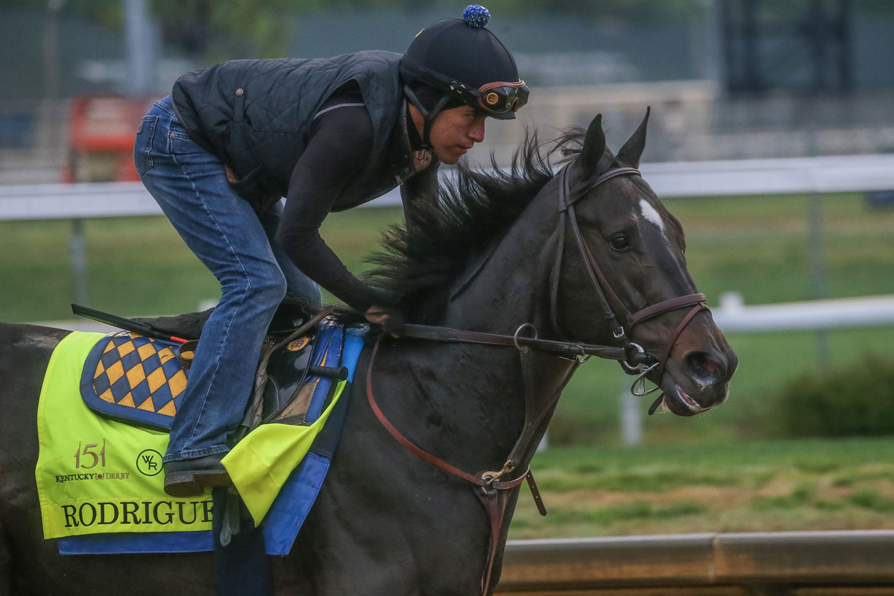 Rodriguez trains in his Kentucky Derby saddlecloth